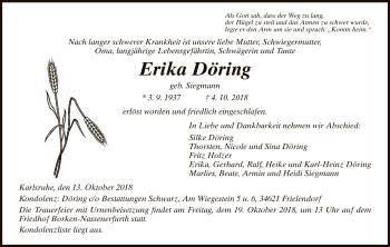Todesanzeige von Erika Döring von HNA