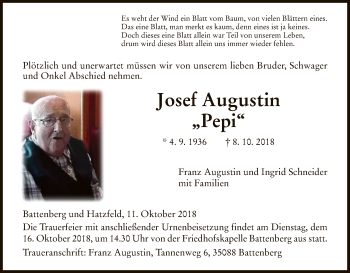 Todesanzeige von Josef Augustin von HNA