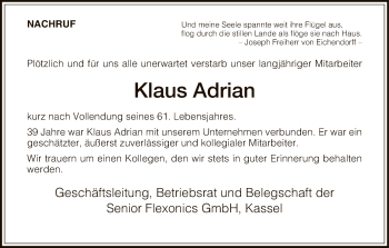 Todesanzeige von Klaus Adrian von HNA