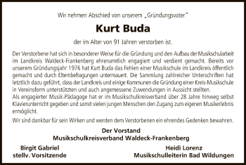 Todesanzeige von Kurt Buda von HNA