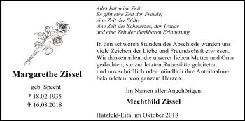 Todesanzeige von Margarethe Zissel von HNA