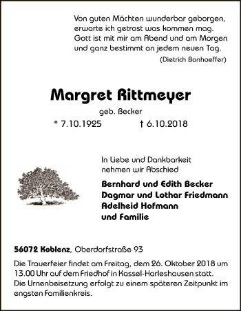 Todesanzeige von Margret Rittmeyer von HNA
