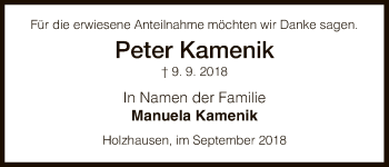 Todesanzeige von Peter Kamenik von HNA