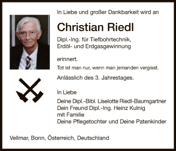 Todesanzeige von Christian Riedl von HNA