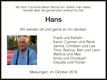 Todesanzeige von Hans  von HNA