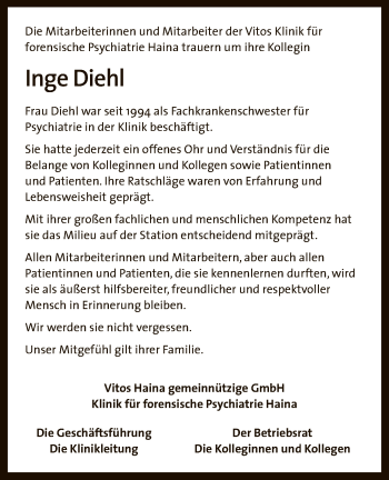 Todesanzeige von Inge Diehl von HNA