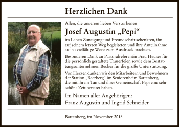 Todesanzeige von Josef Augustin von HNA