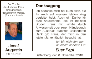 Todesanzeige von Josef Augustin von HNA