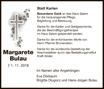 Todesanzeige von Margarete Bulau von HNA