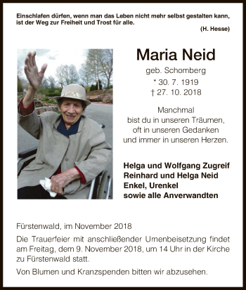Todesanzeige von Maria Neid von HNA