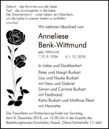 Todesanzeige von Anneliese Benk-Wittmund von HNA