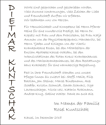 Todesanzeige von Dietmar Kuntschak von HNA