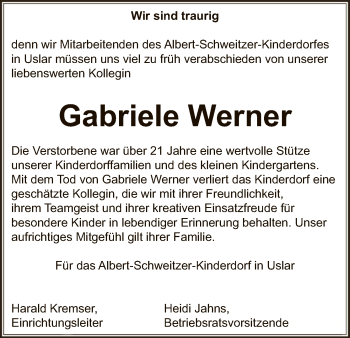 Todesanzeige von Gabriele Werner von HNA