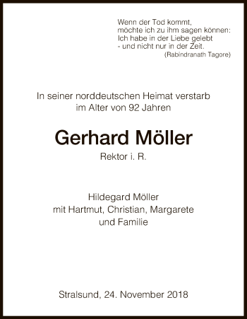 Todesanzeige von Gerhard Möller von HNA