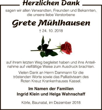 Todesanzeige von Grete Mühlhausen von HNA