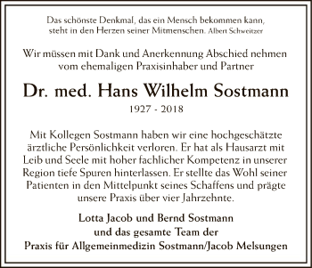 Todesanzeige von Hans Wilhelm Sostmann von HNA