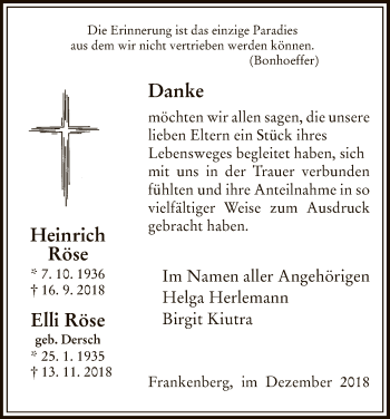 Todesanzeige von Heinrich und Elli Röse von HNA