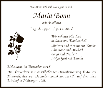 Todesanzeige von Maria Bonn von HNA