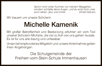 Todesanzeige von Michelle Kamenik von HNA