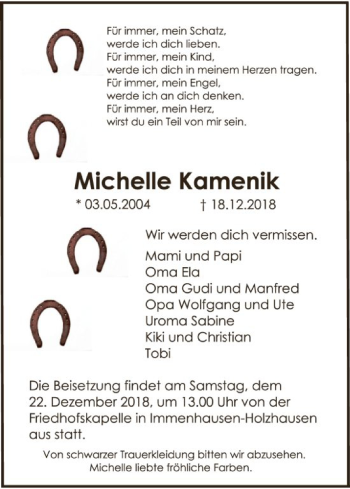 Todesanzeige von Michelle Kamenik von HNA