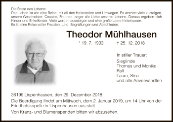 Todesanzeige von Theodor Mühlhausen von HNA