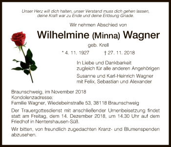 Todesanzeige von Wilhelmine Wagner von HNA