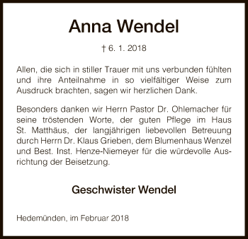 Todesanzeige von Anna Wendel von HNA