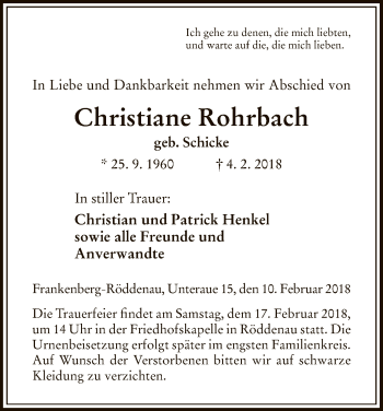 Todesanzeige von Christiane Rohrbach von HNA