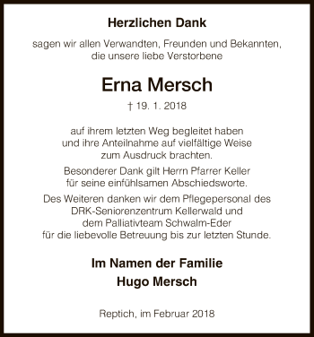 Todesanzeige von Erna Mersch von HNA