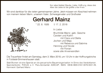 Todesanzeige von Gerhard Mainz von HNA