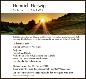 Todesanzeige von Heinrich Herwig von HNA