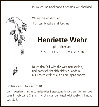 Todesanzeige von Henriette Wehr von HNA