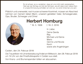 Todesanzeige von Herbert Homburg von HNA