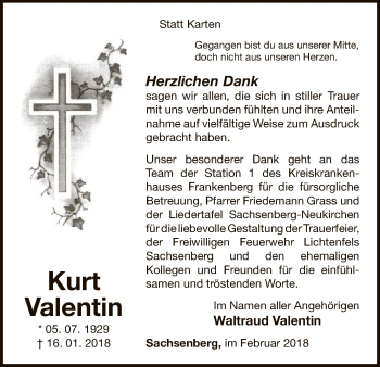 Todesanzeige von Kurt Valentin von HNA