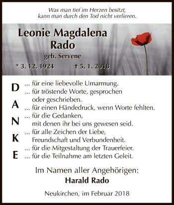 Todesanzeige von Leonie Magdalena Rado von HNA