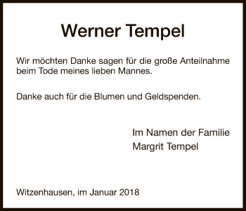 Todesanzeige von Werner Tempel von HNA
