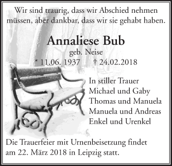 Todesanzeige von Annaliese Bub von etm