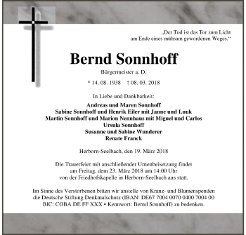 Todesanzeige von Bernd Sonnhoff von HNA