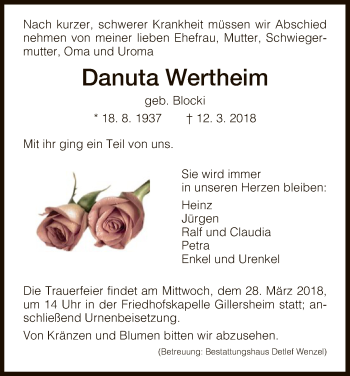 Todesanzeige von Danuta Wertheim von HNA