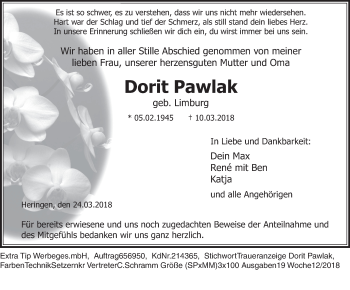 Todesanzeige von Dorit Pawlak von etm