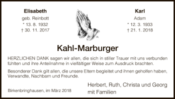 Todesanzeige von Elisabeth und Karl Kahl-Marburger von HNA