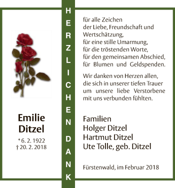 Todesanzeige von Emilie Ditzel von HNA