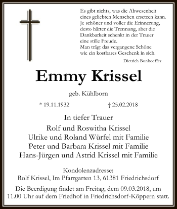 Todesanzeige von Emmy Krissel von HNA