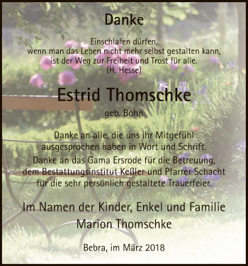 Todesanzeige von Estrid Thomschke von HNA