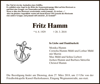 Todesanzeige von Fritz Hamm von HNA
