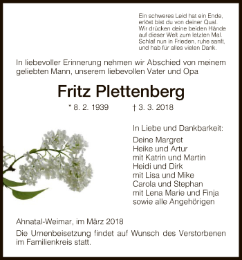 Todesanzeige von Fritz Plettenberg von HNA