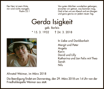 Todesanzeige von Gerda Isigkeit von HNA