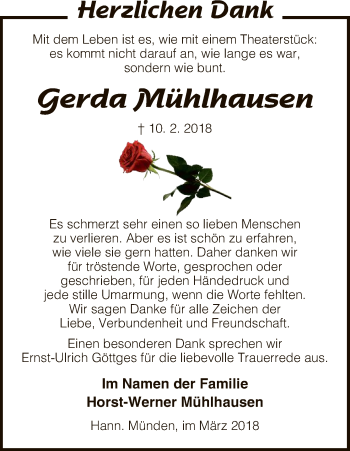 Todesanzeige von Gerda Mühlhausen von HNA