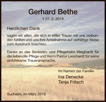 Todesanzeige von Gerhard Bethe von HNA