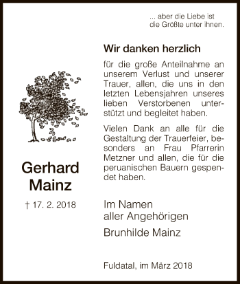 Todesanzeige von Gerhard Mainz von HNA